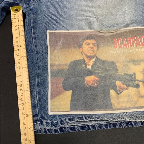 Mens Members Property Y2K Baggy Grunge Jean Shorts Hip Hop Scarface Patch Wide‎ - Picture 10 of 12